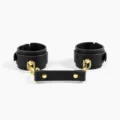 Black leather handcuffs with gold hardware adult restraint BDSM novelty toy for couples - Handcuffs / Black