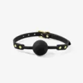 Black silicone ball gag bondage collar with gold tone metal hardware for adult fun play. - Ball Gag / Black