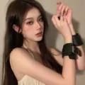 Black leather fuzzy handcuffs adult novelty bondage restraint couple romantic sexy toy - Leather Handcuffs / Black