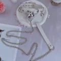White leather choker collar with metal bell and chain cute subculture neck jewelry - White