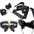 Black lace cat ear headband choker cuffs and bondage set for fashion cosplay and party - Black Translucent Eyepatch, Handcuffs, Collar & Headband Sets