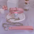 Pink leather choker collar with bell and chain, cute pet or subculture pink neck strap - Pink White
