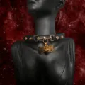 Black leather puppy choker collar with gold metal bone tag and bell for alternative fashion style. - Bone Tag / Small Bell + Chain + Gift Box / Black