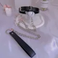 Black leather bell choker necklace with chain and leash set for subculture gothic fashion. - Black and White