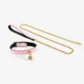 Collare in pelle rosa e nera con campanello d'oro e guinzaglio per giochi di adulti. - Girocollo con Catena di Trazione / Rosa