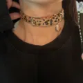 Brown leopard print punk choker necklace, gothic y2k sweet cool neck ring accessories. - Yellow