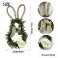Detailed dimensions and close-ups of Easter bunny wreath with burlap bow and white rose - Burlap Style
