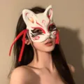 Traditional Japanese fox mask half face cosplay party costume prop with ribbons for women. - Painted Butterfly Cat with Black Patterns