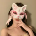 Japanese style fox mask half face painted cute mask with ribbon and bell for party cosplay - Cat Plate with Pink Patterns