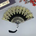 Chinesischer Fächer im antiken Stil mit Goldspitze und schwarzem Quasten für den Tanz. - Schwarz mit Quaste