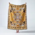 Detailed view of bohemian woven throw blanket with mandala pattern and decorative fringes - Bohemian Mandala (XT2022-10) / 130x160cm / Turmeric