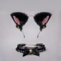Black cat ear headband and choker set with cute bells and bows for cosplay party and daily wear. - Black (Headband and Necklace)