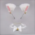 Cute fluffy cat ear headband and lace choker set with bells for sweet cosplay party. - White (Headband + Necklace)