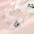 Exquisite white lace choker necklace detail showcasing the cute bow and silver bell pendant. - Single Collar / White