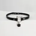 Black PU leather cat choker necklace with metal cat ear ring and paw pendant for women. - Black Cat Paw