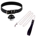 Black PU leather choker collar with large bell and metal chain leash set for women fashion style. - Black With Leash