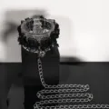 Black lace choker collar with metal chain and cute bell for subculture style fashion wear. - Black