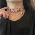Pink leopard print choker necklace punk style metal buckle gothic y2k neck accessory - Pink