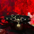 Black leather collar choker with gold bell and horsebit hardware, stylish gothic neck accessory. - Palace Bell + Chain + Gift Box / Black