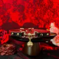 Red and black leather choker necklace with gold horsebit hardware and a hollow bell pendant. - Palace Bell + Chain + Gift Box / Red & Black