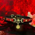 Black and red leather choker necklace with gold buckle bell pendant for party outfit style. - Palace Bell + Chain + Gift Box / Black Red