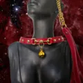 Red leather puppy choker necklace with gold bell and horsebit hardware for women accessory - Basic Style / Chain + Gift Box / Red