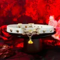 White leather choker collar with gold metal hardware and cute bell for women fashion style. - Basic Style / Chain + Gift Box / White
