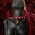 Red and black PU leather collar choker necklace with gold bell and matching leash set. - Basic Style / Chain + Gift Box / Red & Black