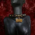 Black leather puppy choker necklace with gold metal hardware and bone pendant for women gothy - Bone Tag + Chain + Gift Box / Black