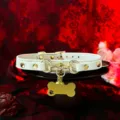 White leather pet collar choker with gold hardware bell and bone tag for women fashion - Bone Tag / Small Bell + Chain + Gift Box / White