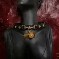 Black leather choker necklace with gold metal hardware, bone tag and bell pendant. - Bone Tag / Palace Bell + Chain + Gift Box / Black