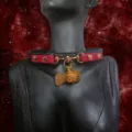 Black and red leather choker necklace with gold horsebit, bone tag and bell pendant for women. - Bone Tag / Palace Bell + Chain + Gift Box / Black Red