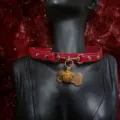 Red leather choker collar with golden hardware accessories, studs and cute bell pendant. - Bone Tag / Palace Bell + Chain + Gift Box / Red