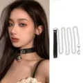 Black PU Leather Choker Necklace with Silver Bell and Metal Chain Accessory Variant - Black Single Bell Collar with Chain Leash