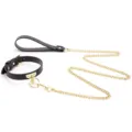Black leather choker collar with gold chain leash set, stylish design for fashion wear. - Black PU