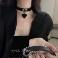 Black heart pendant choker necklace for women, punk gothic leather collar with chains. - Black Heart Collar and Leash Chain Combo