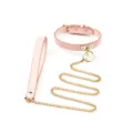 Pink leather choker necklace with gold chain and matching leash set for fashion and style. - Pink PU