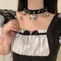 Gothic black leather choker necklace with silver bells and metal chain leash for women - Black Bell Collar and Chain Combo
