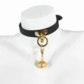 Elegant black leather choker necklace with gold ring and bell pendant for women new. - Black PU Collar with Detachable Bell Pendant