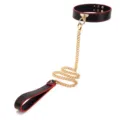 Black leather choker necklace with gold chain and red stitching, stylish adult fashion accessory. - Black and Red Double-Row Press Studs