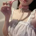 Pink bell choker necklace with metal chain, erotic collar variant for women fashion style. - Pink Bell Collar Without Leash