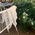French style beige floral lace triangle scarf, versatile cute hair band and bag ribbon. - White Lace Headscarf
