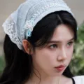 Light blue French lace triangular headscarf with pearl clip, elegant hair accessory for women. - Blue