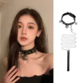 Black leather choker collar with bells and chain gothic subculture cosplay fashion jewelry - Black Bell Collar with Chain Leash