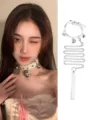 White leather kitten bell collar with chain leash, cute style cosplay choker accessory. - White Bell Collar with Chain Leash