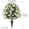Decorative white artificial rose ball flower arrangement with a black ground stake for garden - White