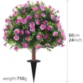 60cm Artificial outdoor stake tree with purple flowers and boxwood leaves for garden. - Daisy Ground Stake Tree / Fuschia