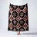 Detailed view of bohemian geometric pattern on ethnic style woven cotton throw blanket - 130x160cm / Black Geometric Totem