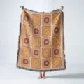 Full view of bohemian woven throw blanket with vintage floral square pattern and fringes - 130x160cm / Retro Geometric Pattern (XT2024-2)