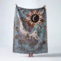 Detailed view of woven bohemian celestial blanket with sun moon and floral design - 130x160cm / Grey Blue Goddess Style (XT2022-7)